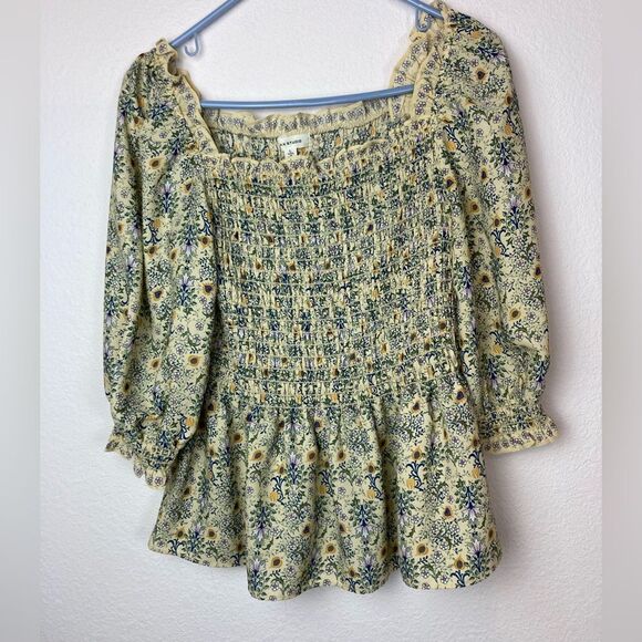 Max Studio butter yellow floral chiffon blouse w/ stretchy bodice long sleeves - Picture 4 of 12